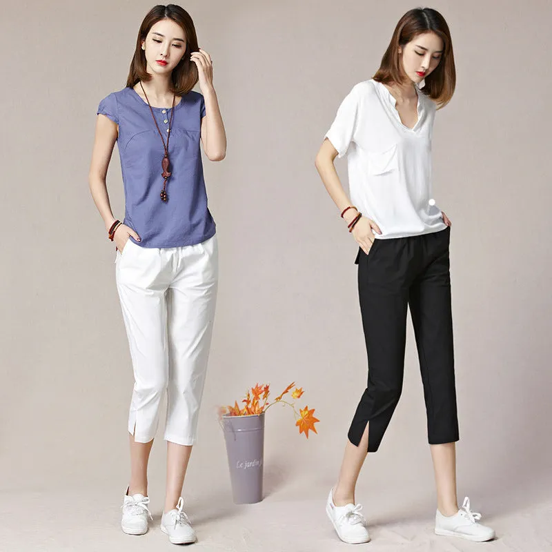 Cropped Pants Women Summer Thin High Waist Cotton Plus Size Loose White Splitted Casual Pants
