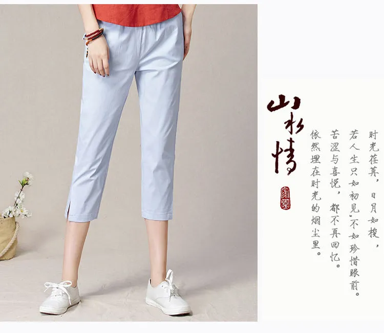 Cropped Pants Women Summer Thin High Waist Cotton Plus Size Loose White Splitted Casual Pants