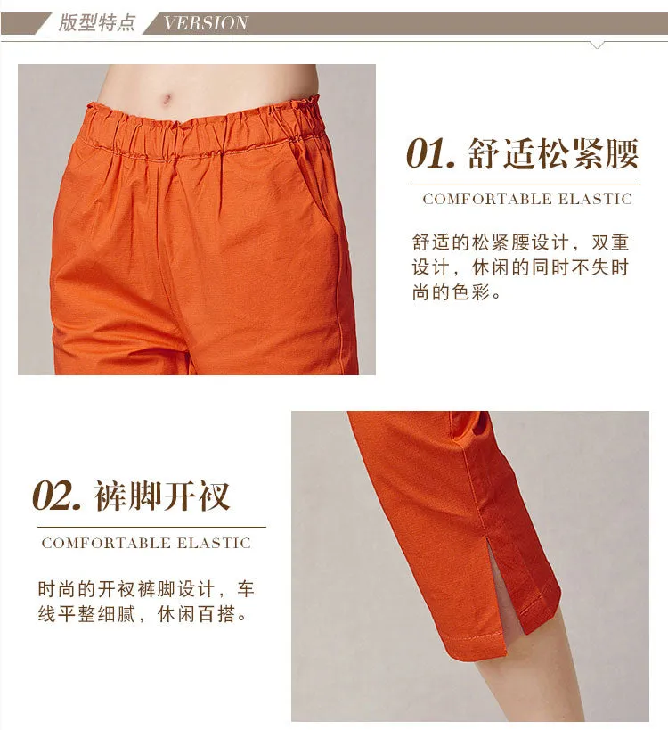 Cropped Pants Women Summer Thin High Waist Cotton Plus Size Loose White Splitted Casual Pants
