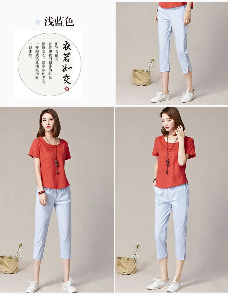 Cropped Pants Women Summer Thin High Waist Cotton Plus Size Loose White Splitted Casual Pants