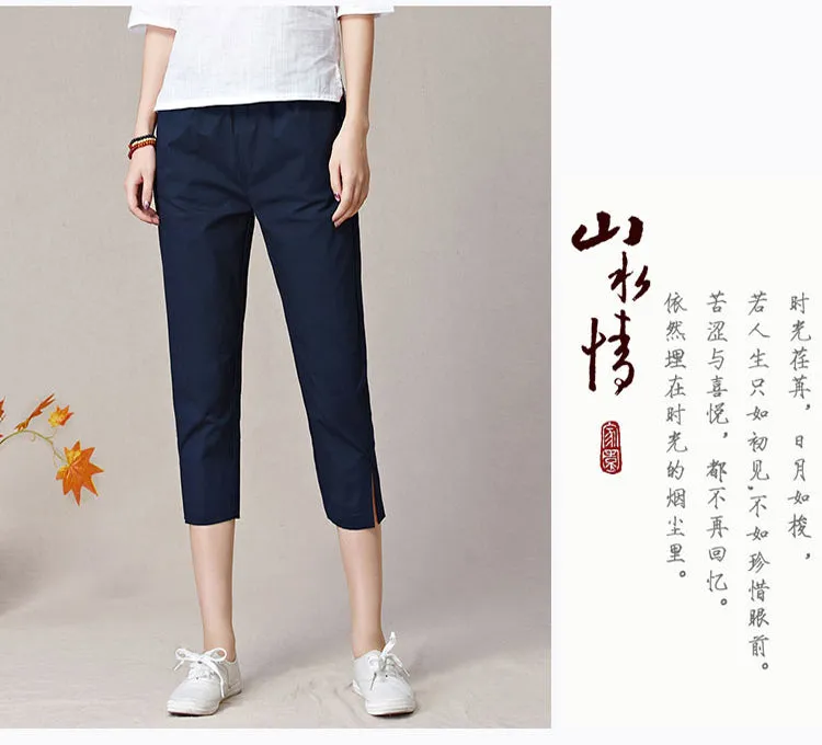 Cropped Pants Women Summer Thin High Waist Cotton Plus Size Loose White Splitted Casual Pants