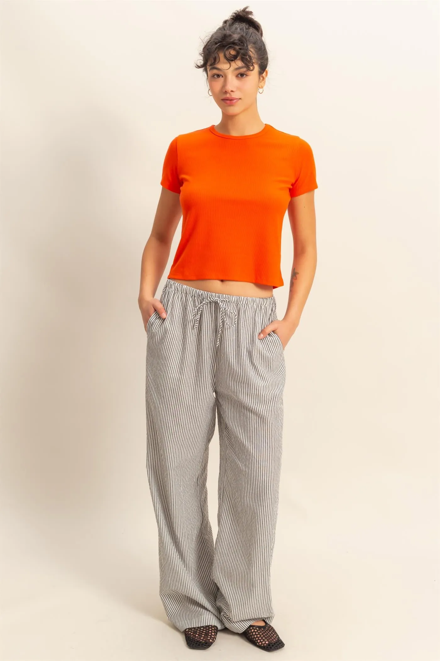 DZ25C389-Striped High Waist Wide Leg Pants