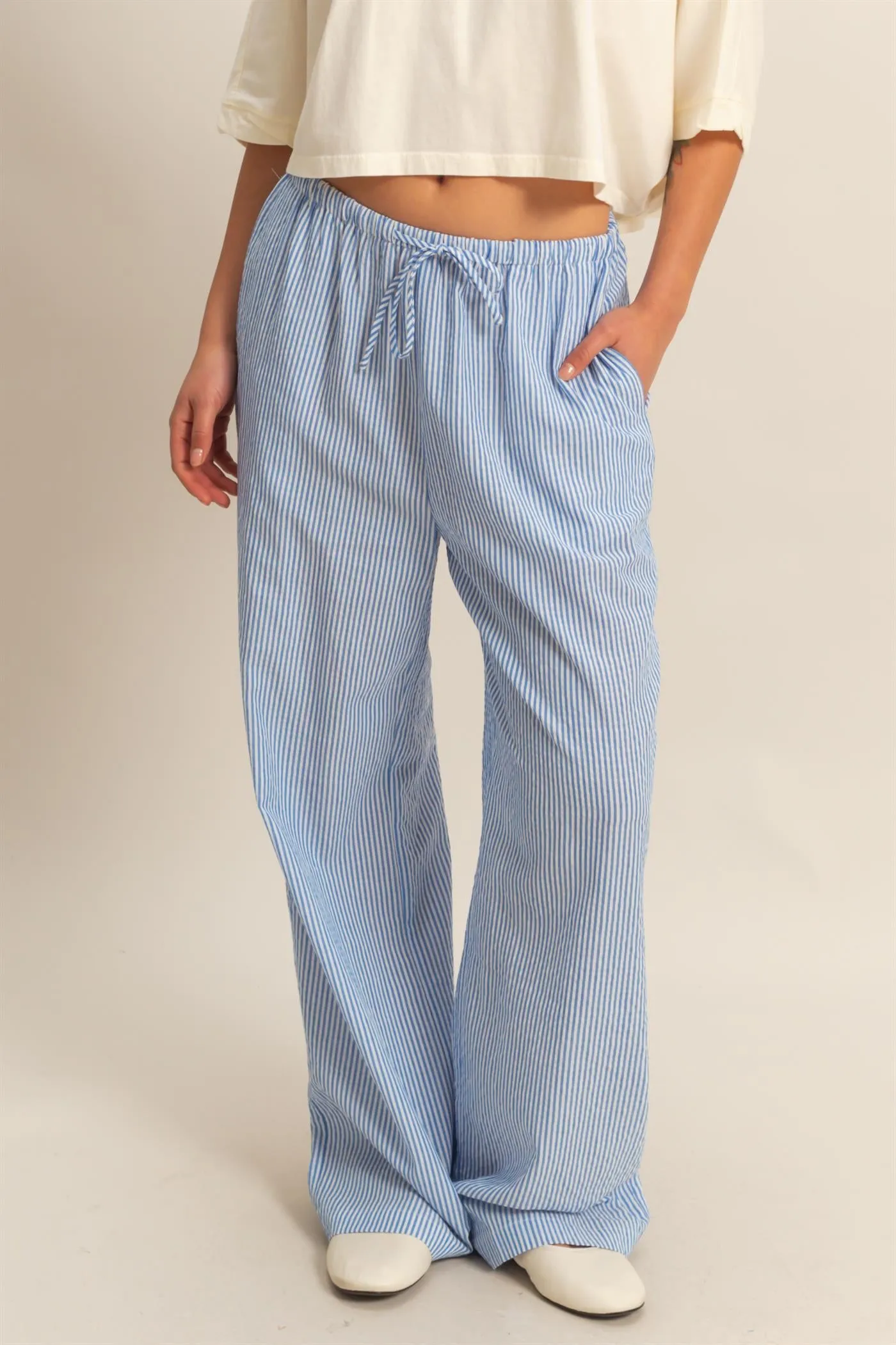 DZ25C389-Striped High Waist Wide Leg Pants