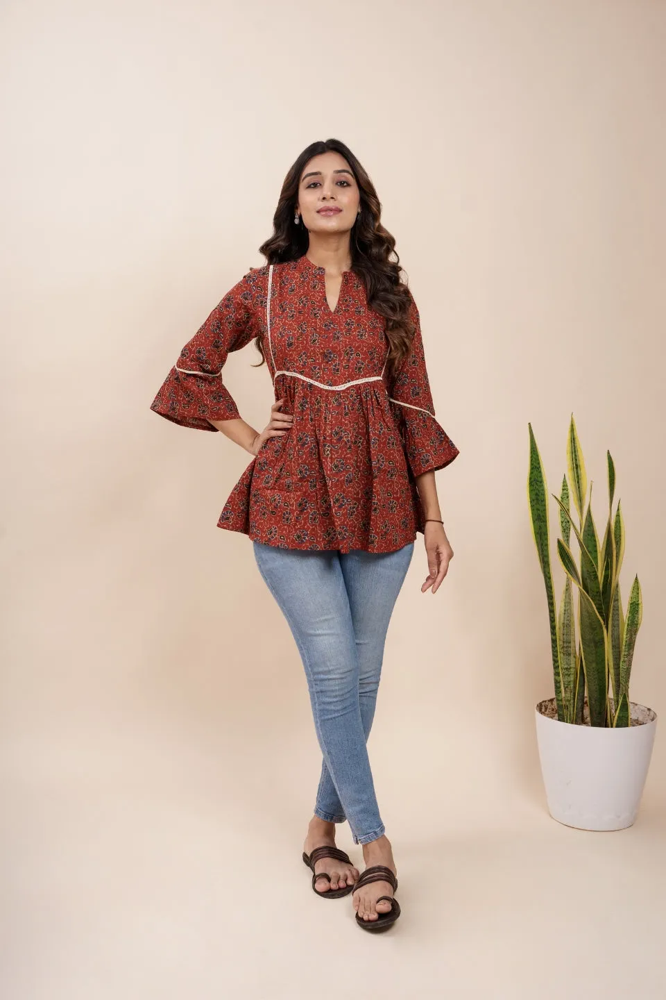 Ekisha's women maroon designer kalamkari floral printed cotton tunic top short kurti