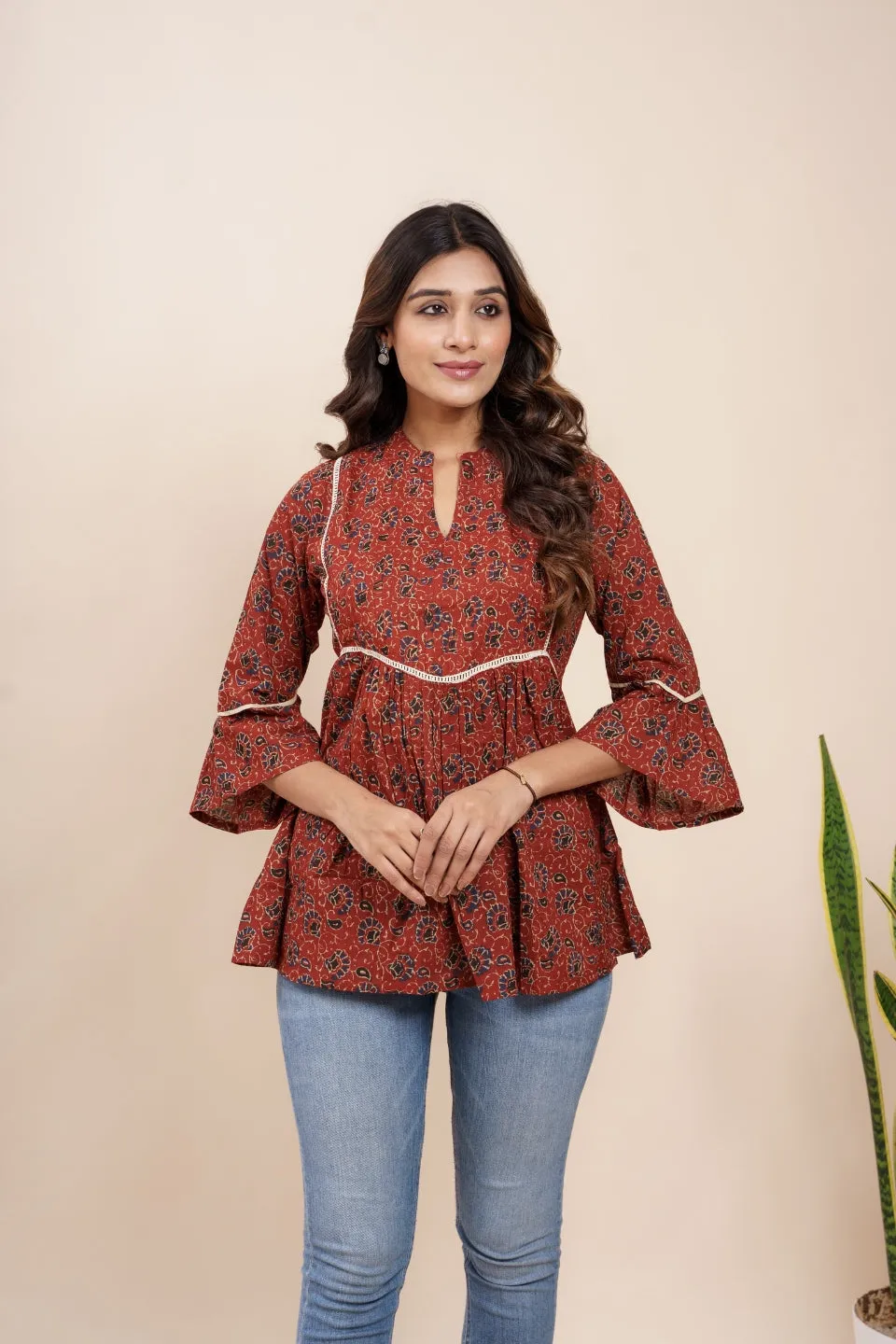 Ekisha's women maroon designer kalamkari floral printed cotton tunic top short kurti