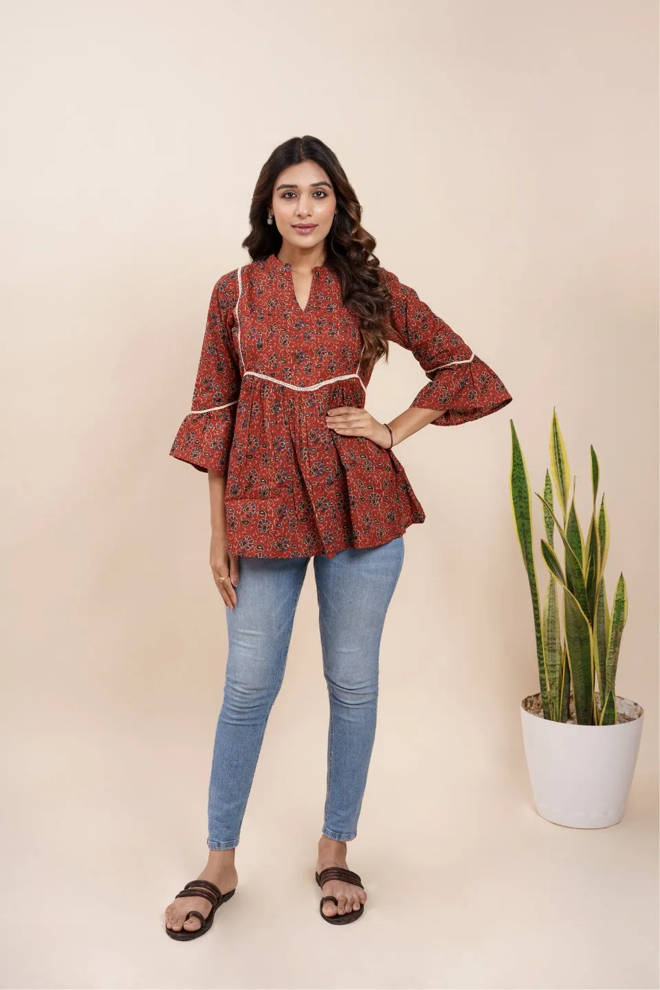 Ekisha's women maroon designer kalamkari floral printed cotton tunic top short kurti