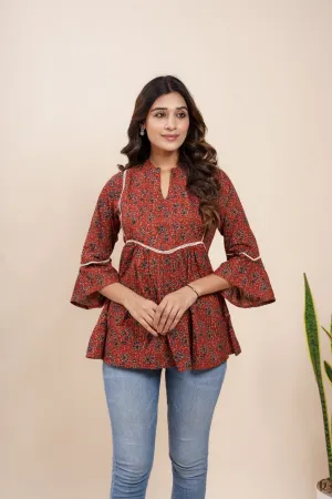 Ekisha's women maroon designer kalamkari floral printed cotton tunic top short kurti