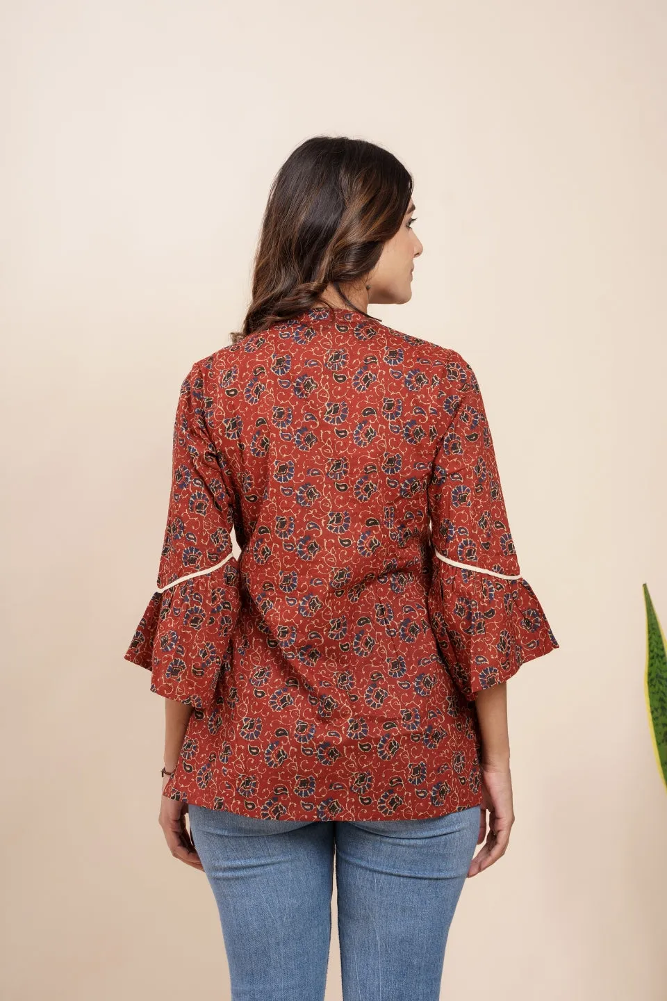 Ekisha's women maroon designer kalamkari floral printed cotton tunic top short kurti