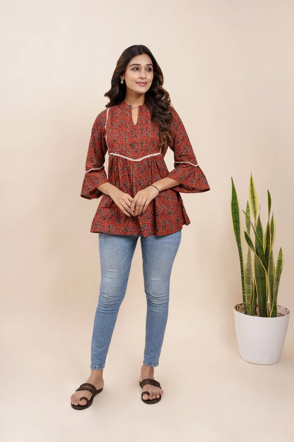 Ekisha's women maroon designer kalamkari floral printed cotton tunic top short kurti