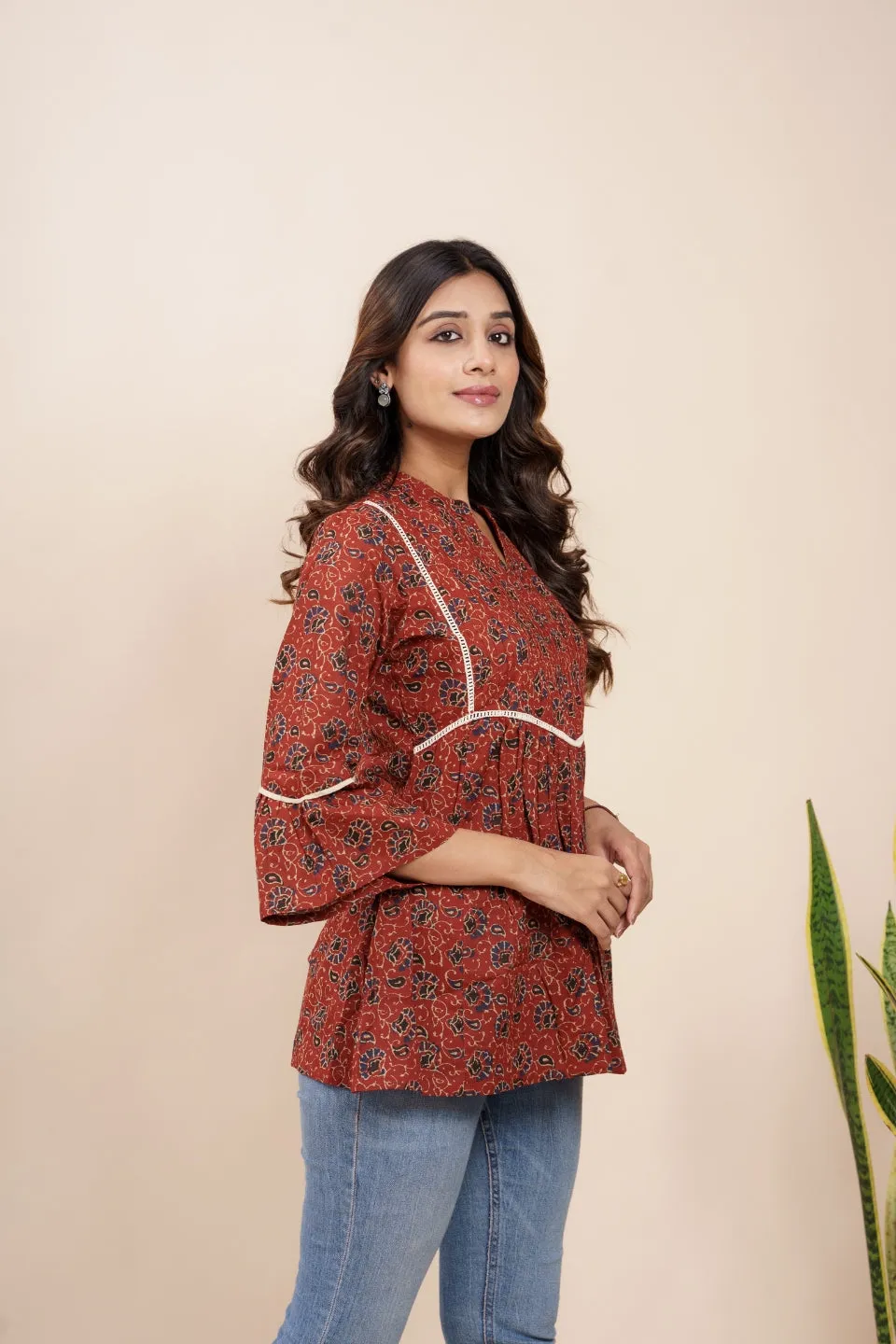 Ekisha's women maroon designer kalamkari floral printed cotton tunic top short kurti