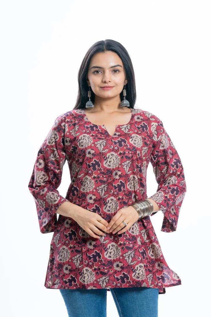 Ekisha's women rich red designer multicolor printed cotton tunic top short kurti