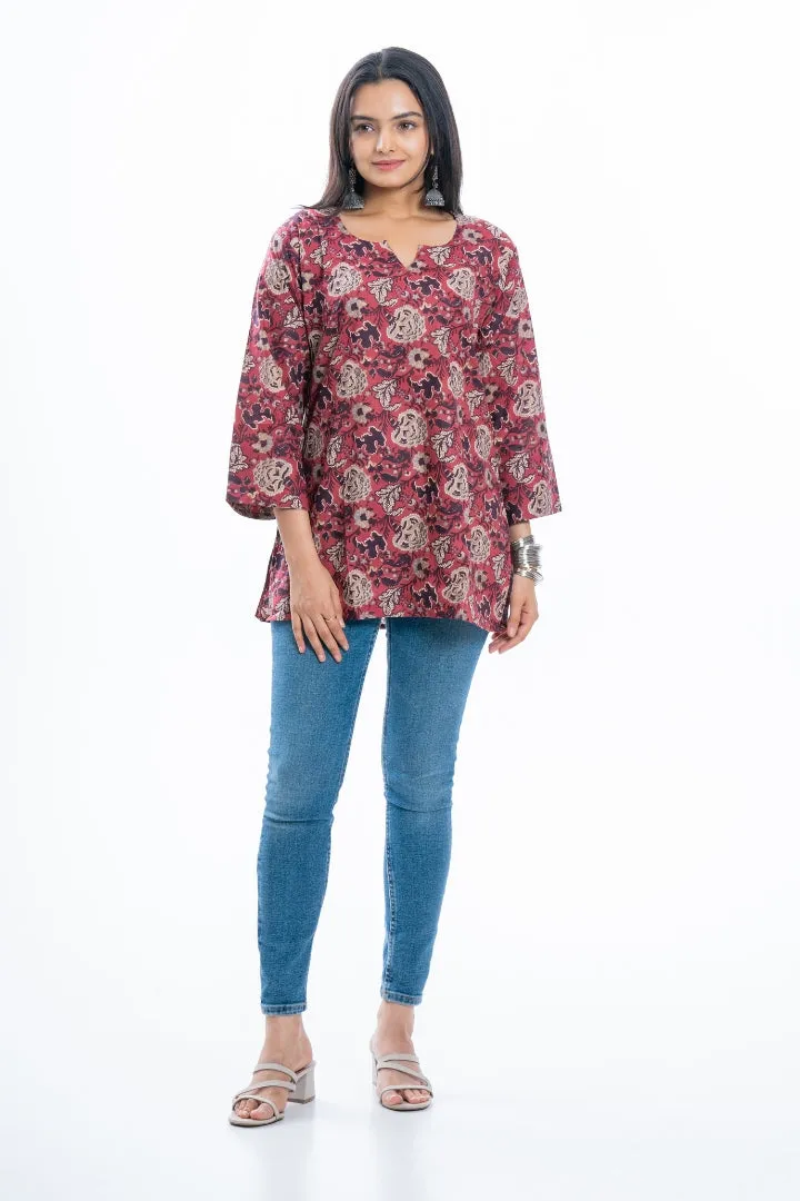 Ekisha's women rich red designer multicolor printed cotton tunic top short kurti