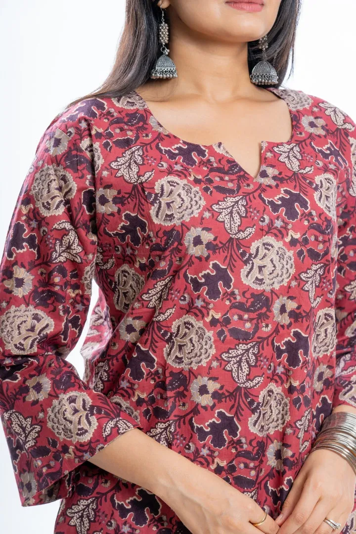 Ekisha's women rich red designer multicolor printed cotton tunic top short kurti
