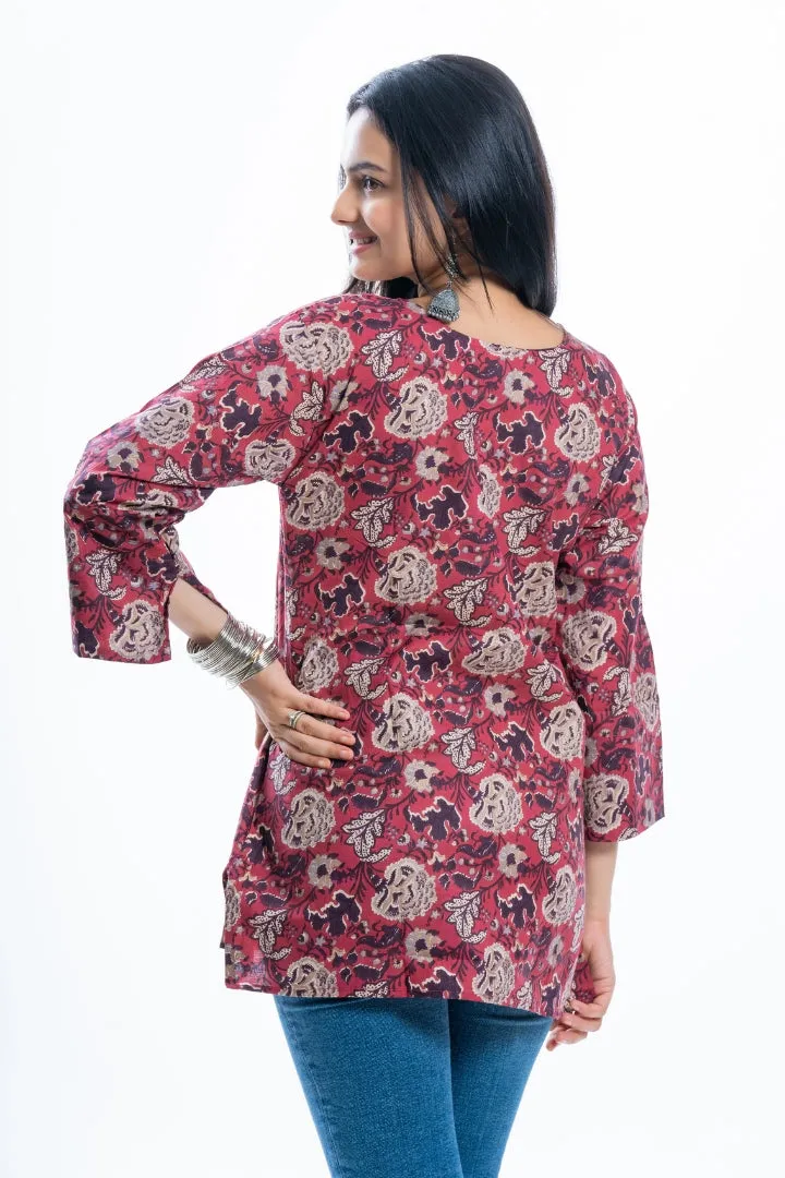 Ekisha's women rich red designer multicolor printed cotton tunic top short kurti
