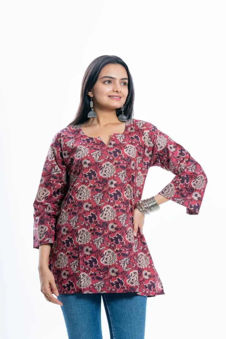 Ekisha's women rich red designer multicolor printed cotton tunic top short kurti