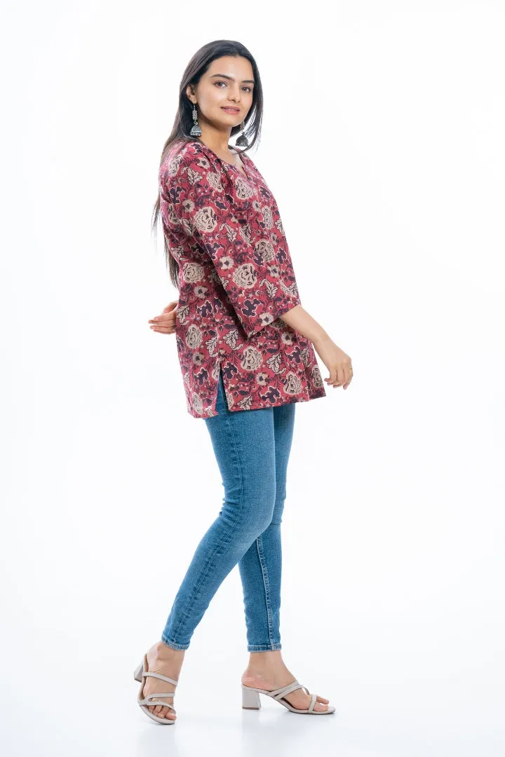 Ekisha's women rich red designer multicolor printed cotton tunic top short kurti