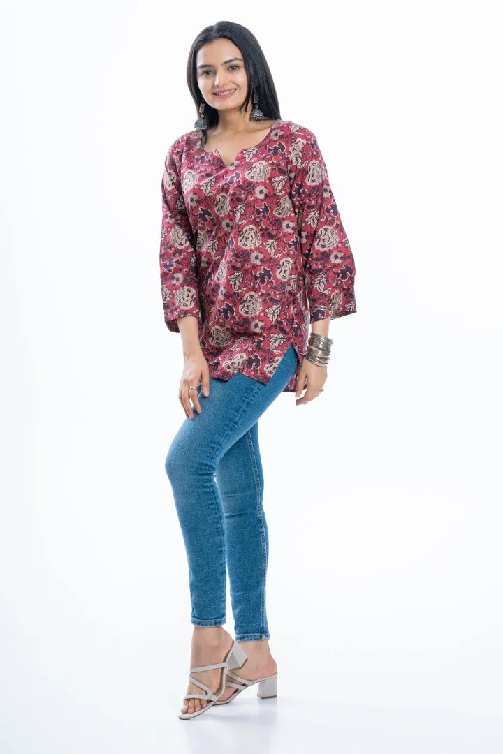 Ekisha's women rich red designer multicolor printed cotton tunic top short kurti