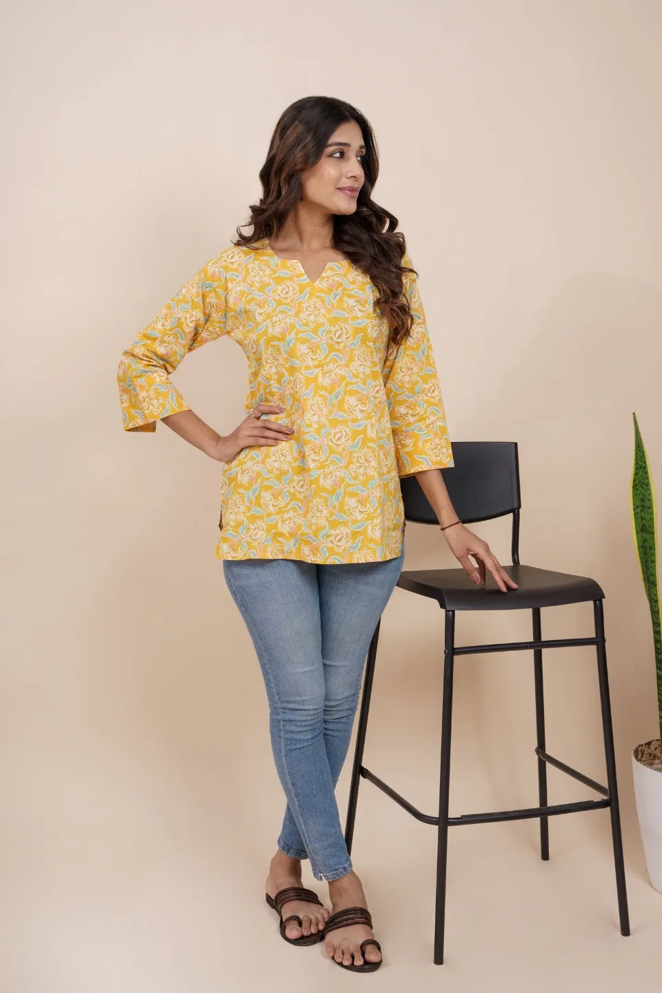 Ekisha's women yellow beautiful designer floral printed cotton tunic top short kurti