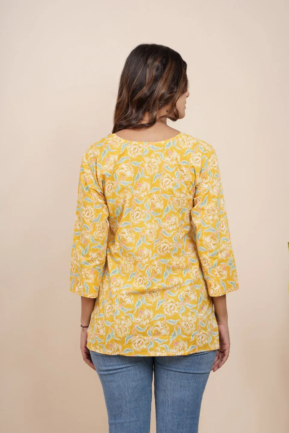 Ekisha's women yellow beautiful designer floral printed cotton tunic top short kurti