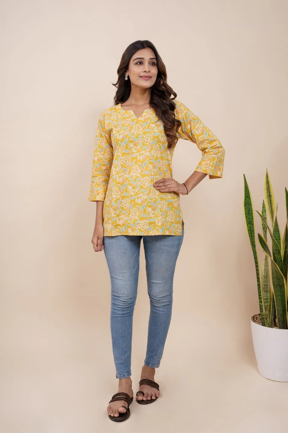 Ekisha's women yellow beautiful designer floral printed cotton tunic top short kurti