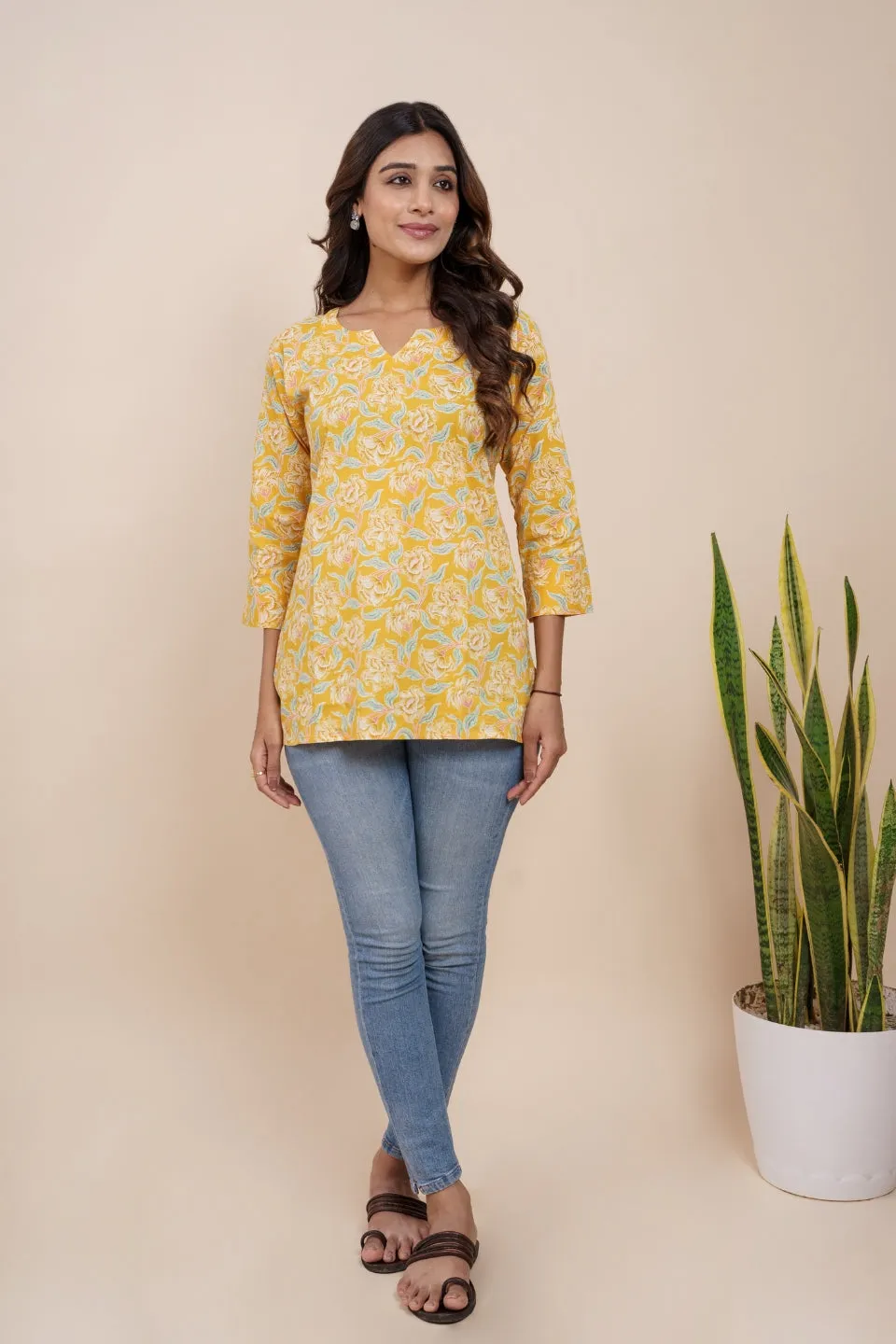 Ekisha's women yellow beautiful designer floral printed cotton tunic top short kurti