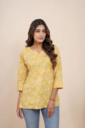 Ekisha's women yellow beautiful designer floral printed cotton tunic top short kurti