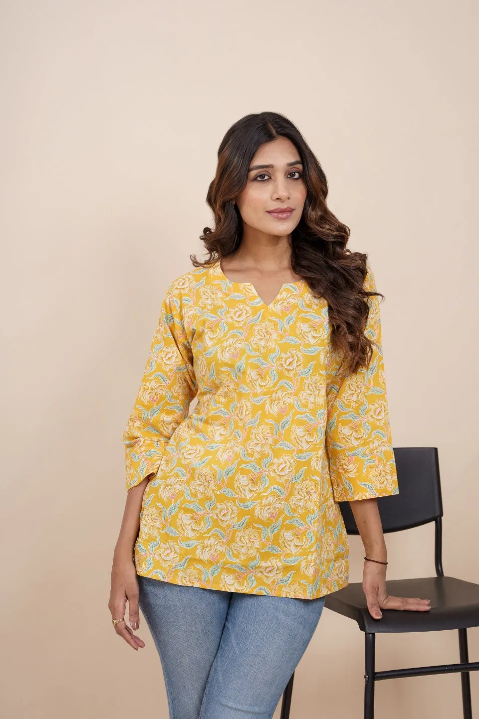 Ekisha's women yellow beautiful designer floral printed cotton tunic top short kurti