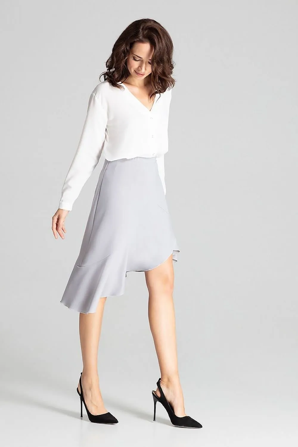 Elegant Asymmetrical Black Midi Skirt with Frill Detail