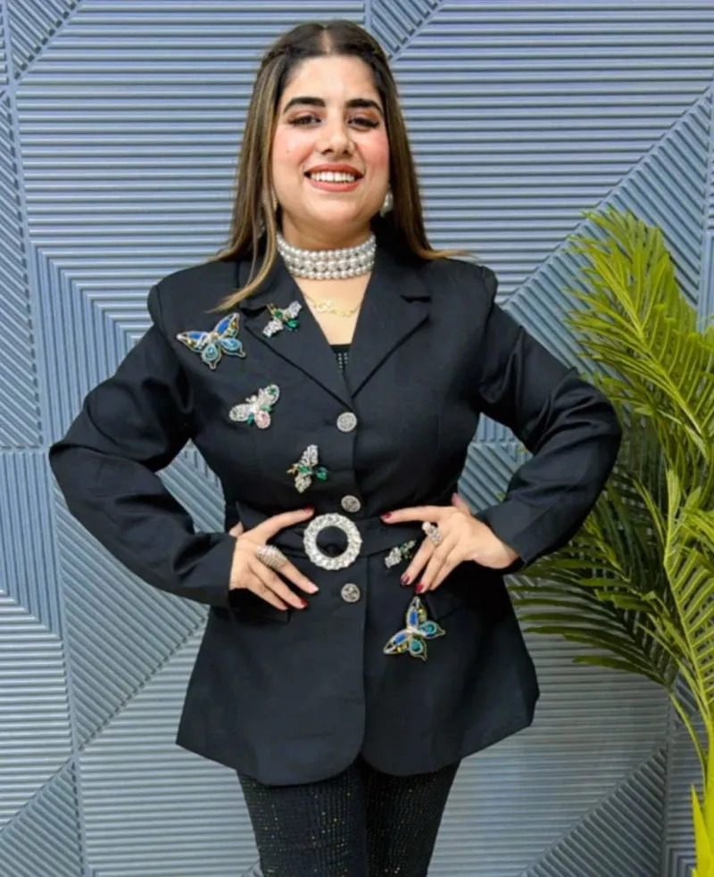 Elegant Butterfly Studded Blazer: Imported with Front Buttons and Stone Detailing GGR596
