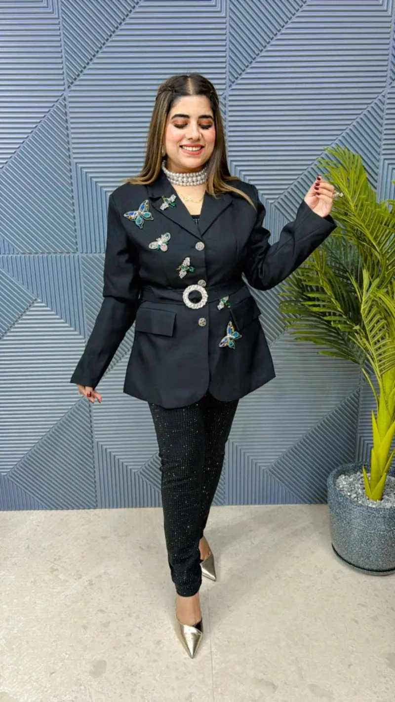 Elegant Butterfly Studded Blazer: Imported with Front Buttons and Stone Detailing GGR596