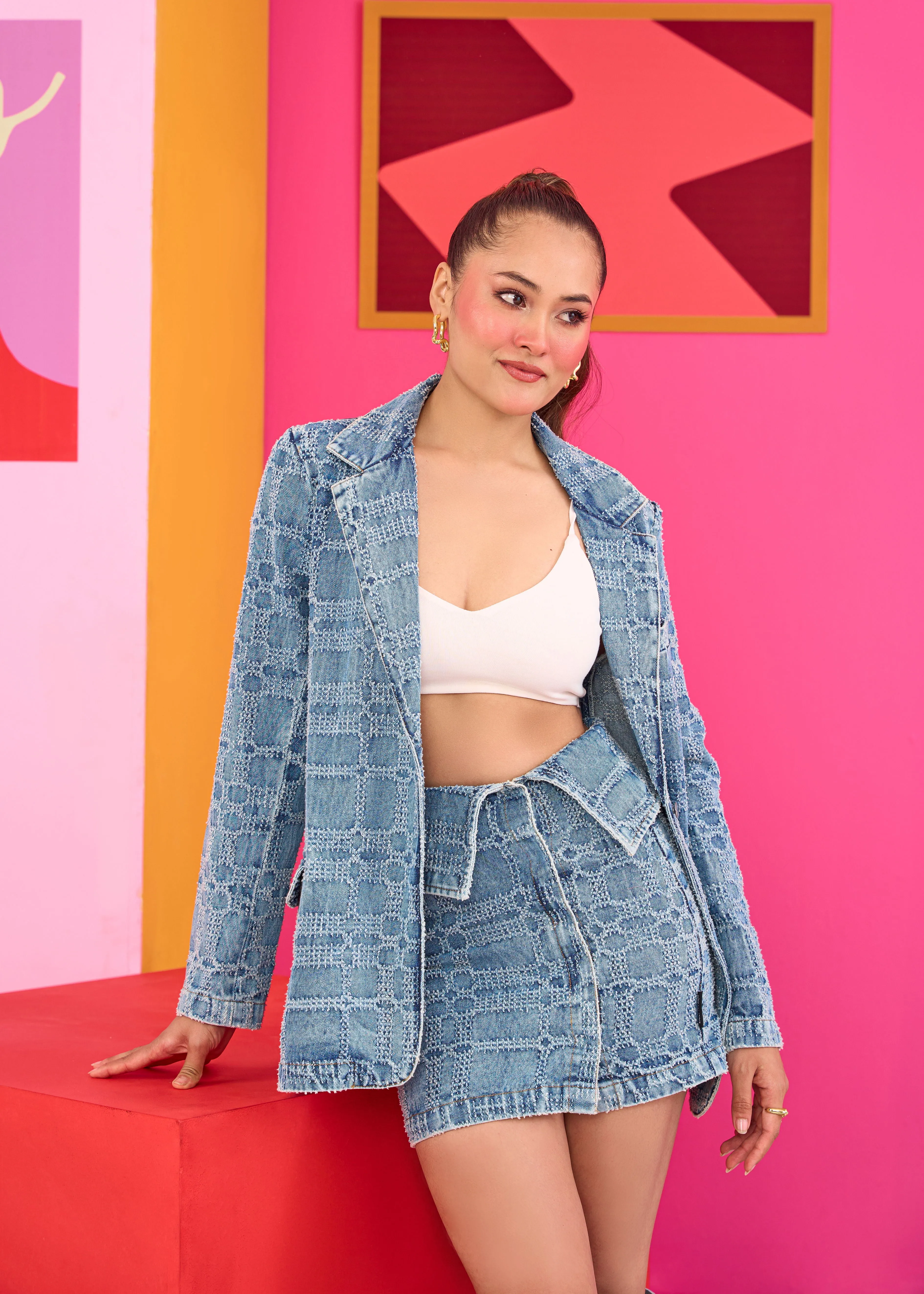 Emily in Paris: Distressed Plaid Denim Blazer