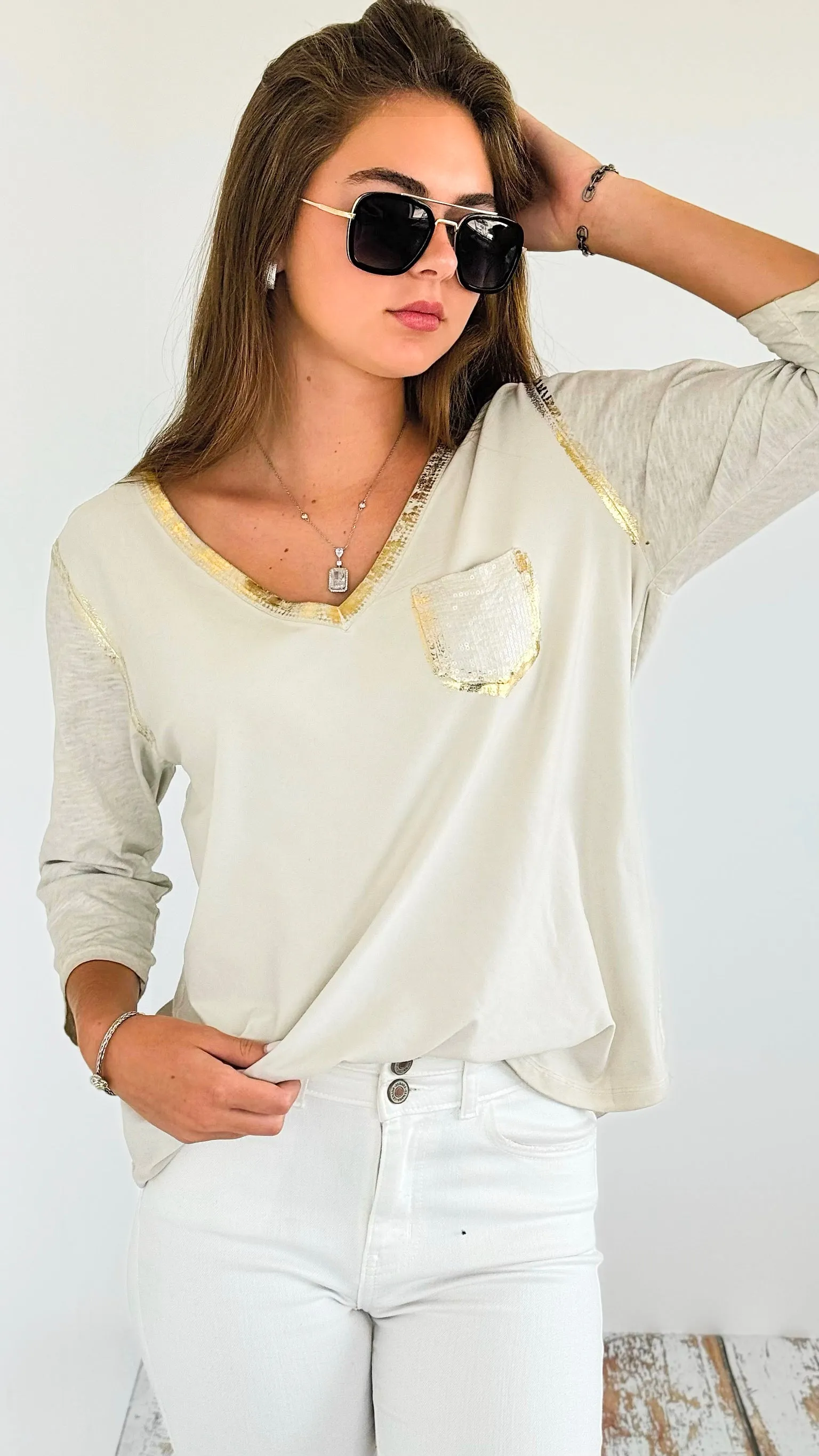 Foil Detailed V- Neck Italian Top