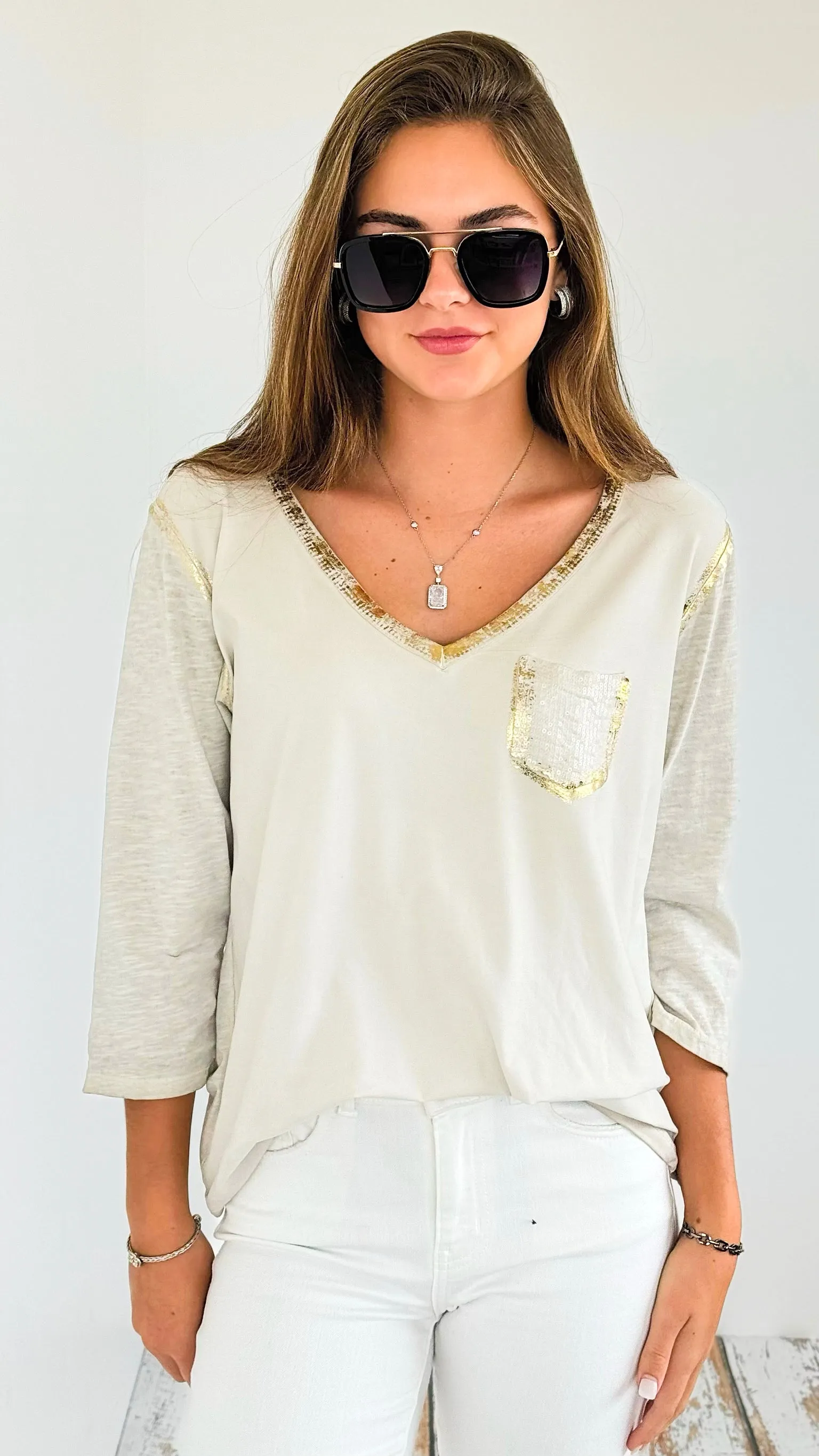 Foil Detailed V- Neck Italian Top