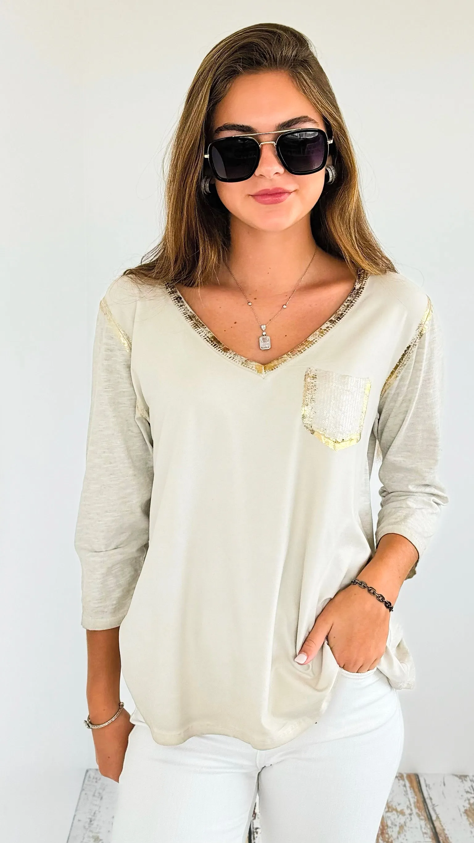 Foil Detailed V- Neck Italian Top