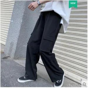 French Cargo Pants Women Loose BF High Waist Straight Stylish Slim Look Drape Wide Leg Floor Length Long Pants
