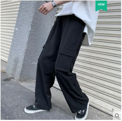 French Cargo Pants Women Loose BF High Waist Straight Stylish Slim Look Drape Wide Leg Floor Length Long Pants