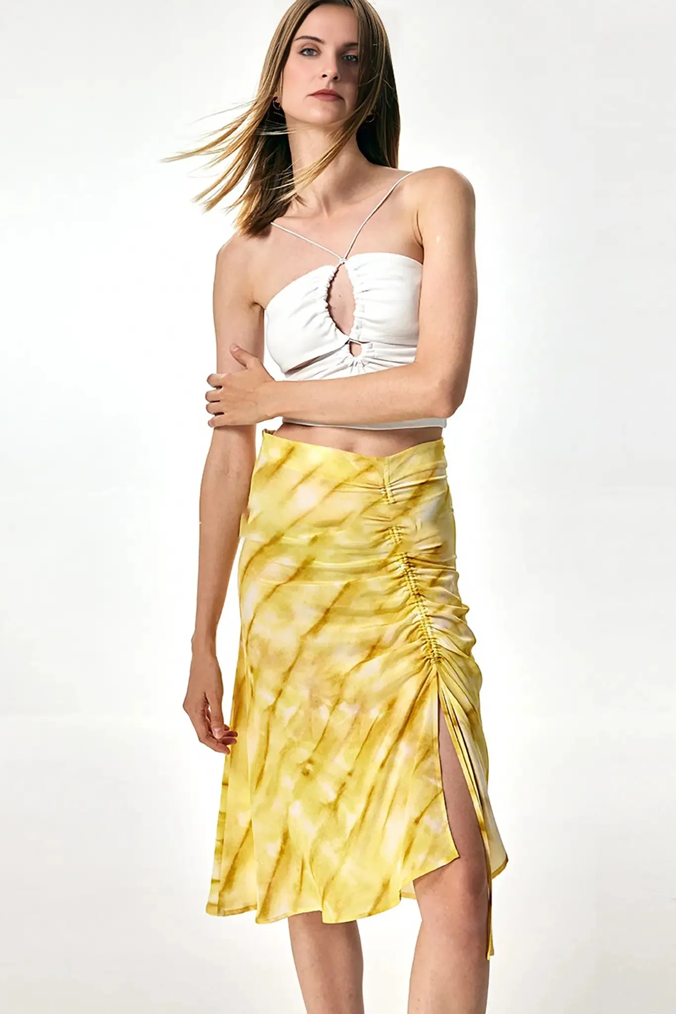 French Inspired Silk Drawstring Printed Midi Skirt with Side Slit