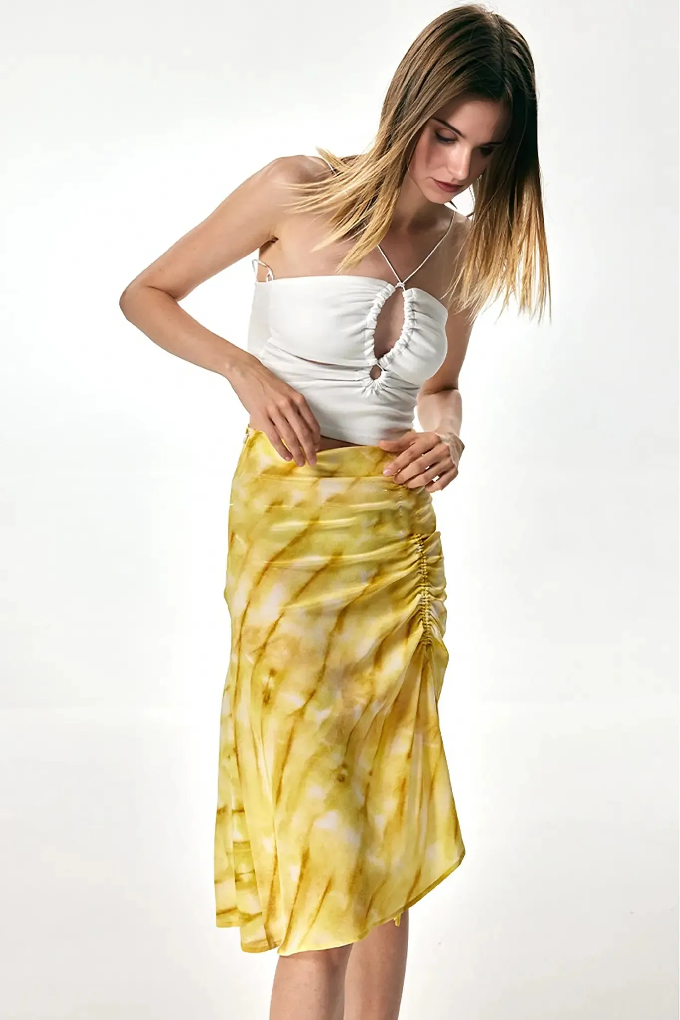 French Inspired Silk Drawstring Printed Midi Skirt with Side Slit