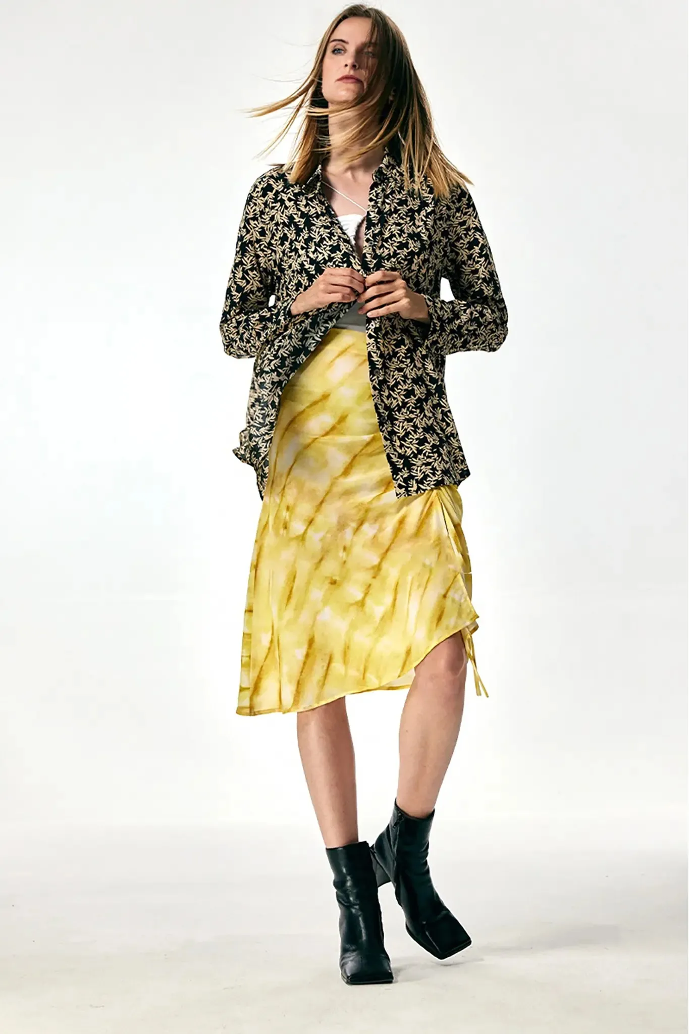 French Inspired Silk Drawstring Printed Midi Skirt with Side Slit