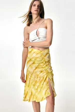 French Inspired Silk Drawstring Printed Midi Skirt with Side Slit