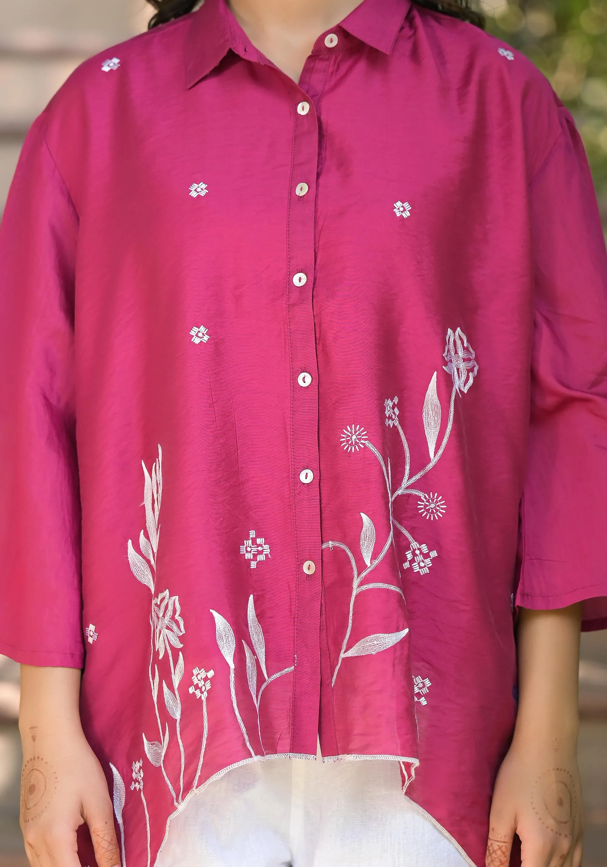 Fuchsia Thread Embroidered Chanderi Tunic With Button Closure