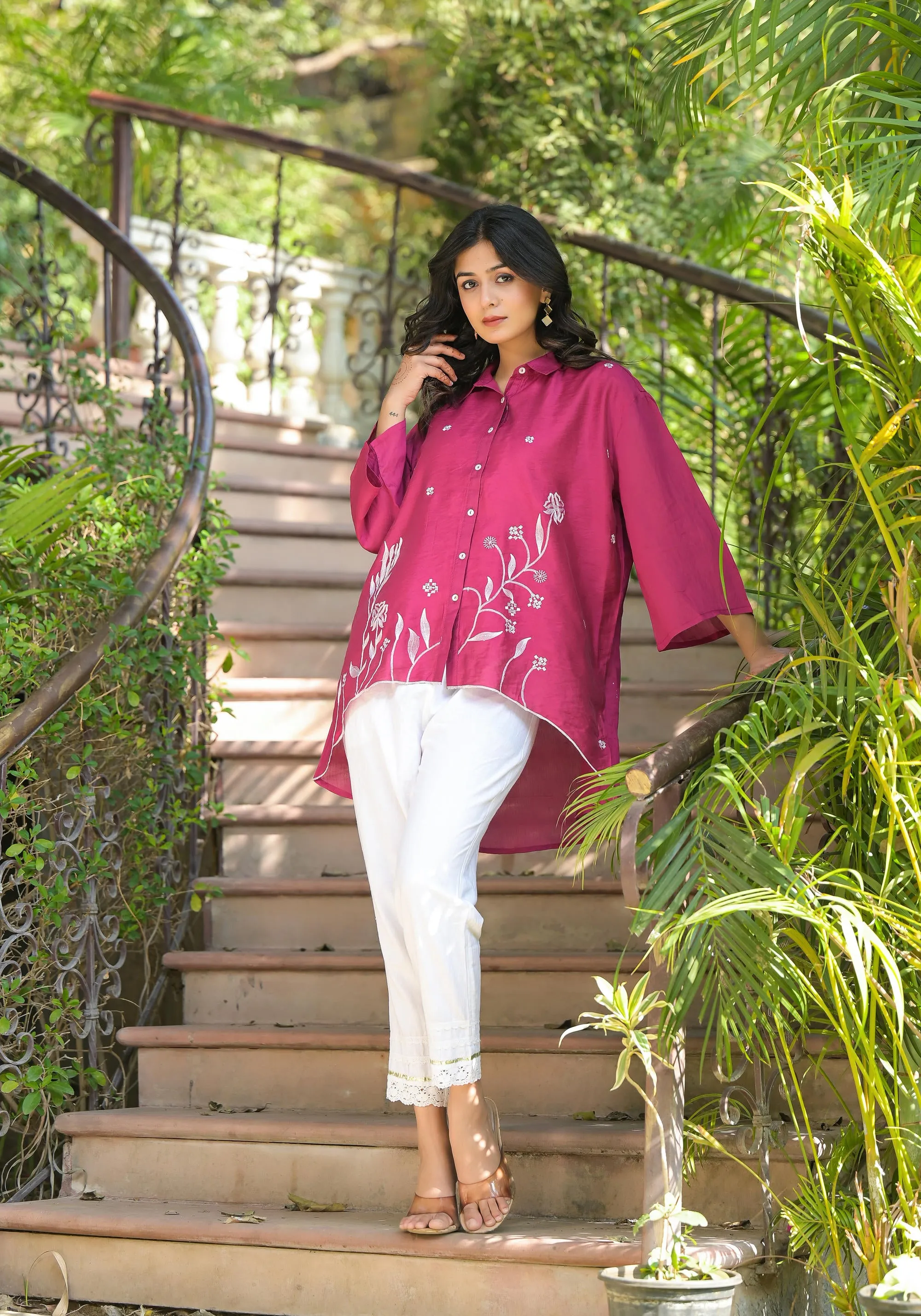 Fuchsia Thread Embroidered Chanderi Tunic With Button Closure