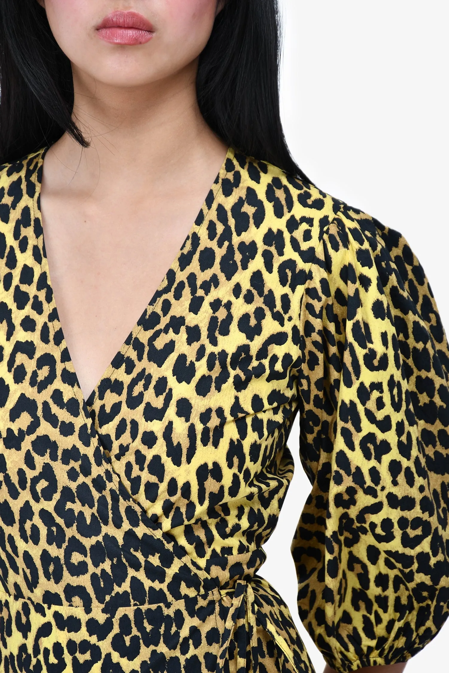 Ganni Leopard Print Puff Sleeve Layered Hem Wrap Dress Size 36