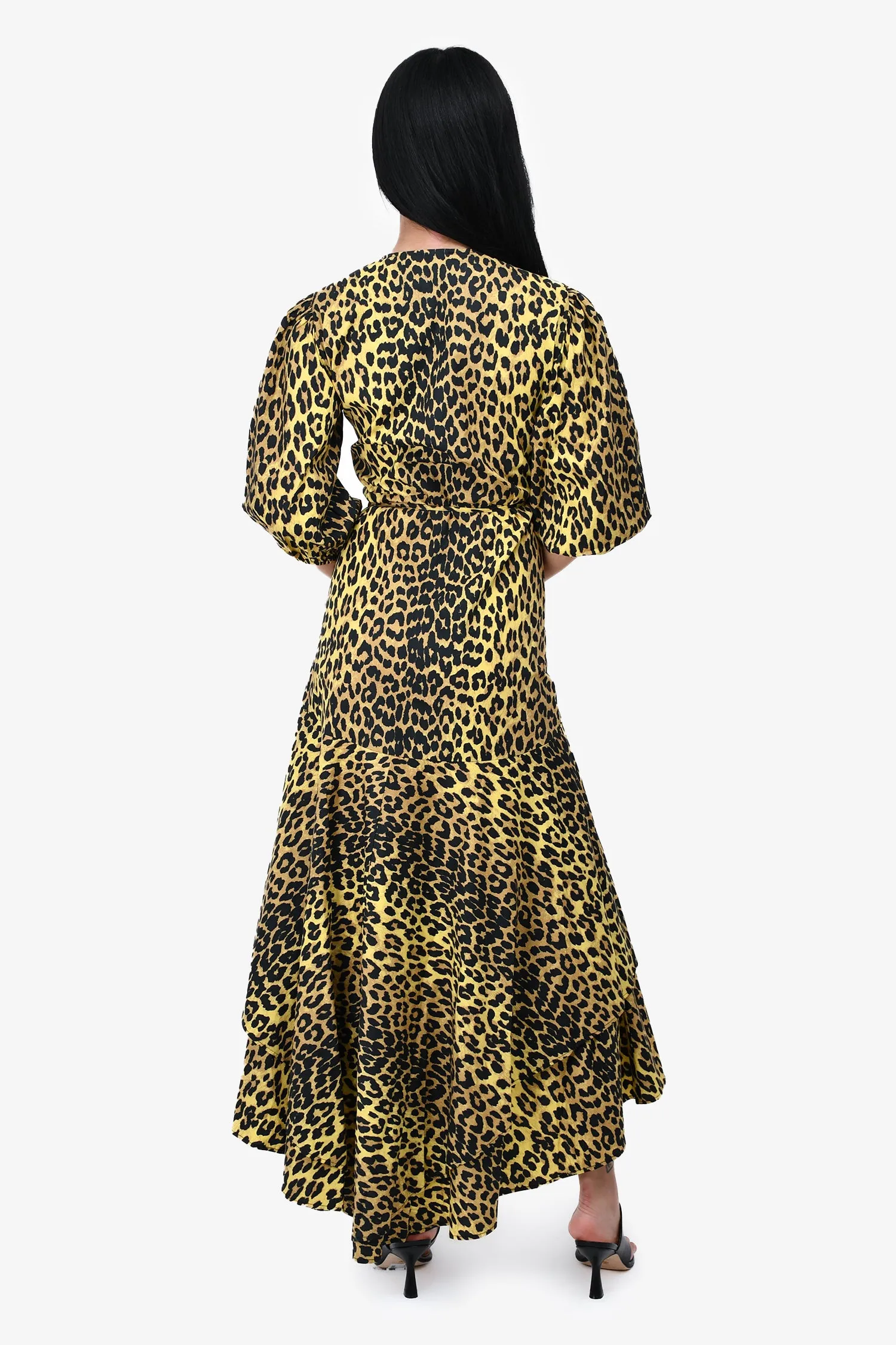 Ganni Leopard Print Puff Sleeve Layered Hem Wrap Dress Size 36
