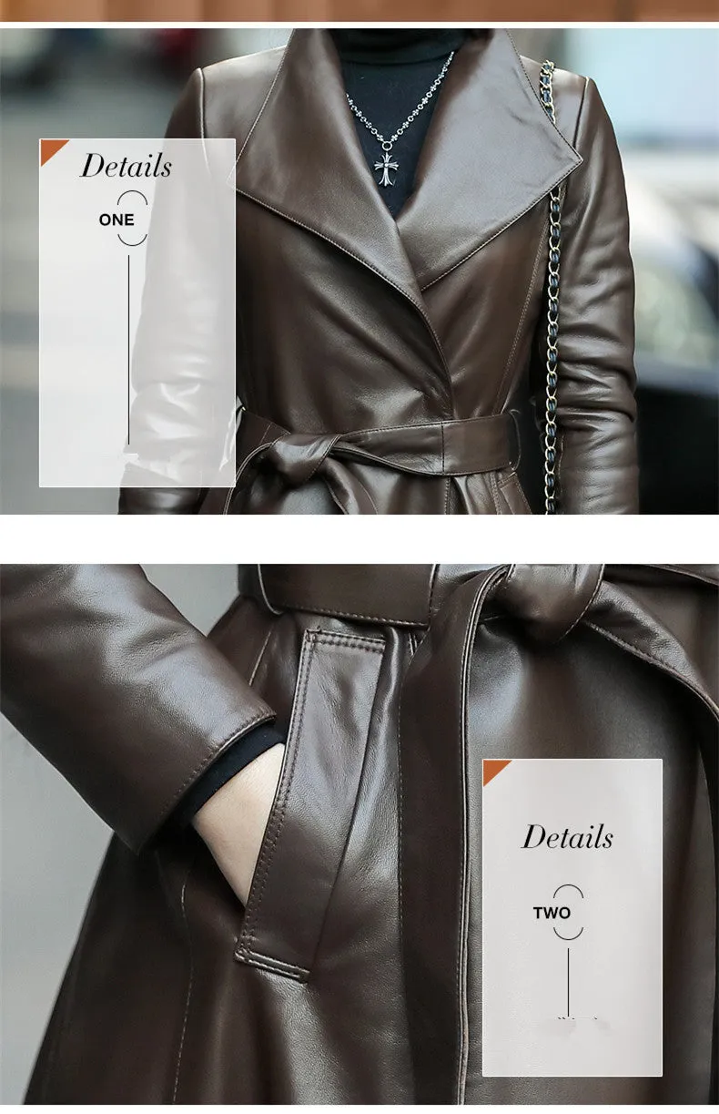 Genuine Leather Long Trench Coat