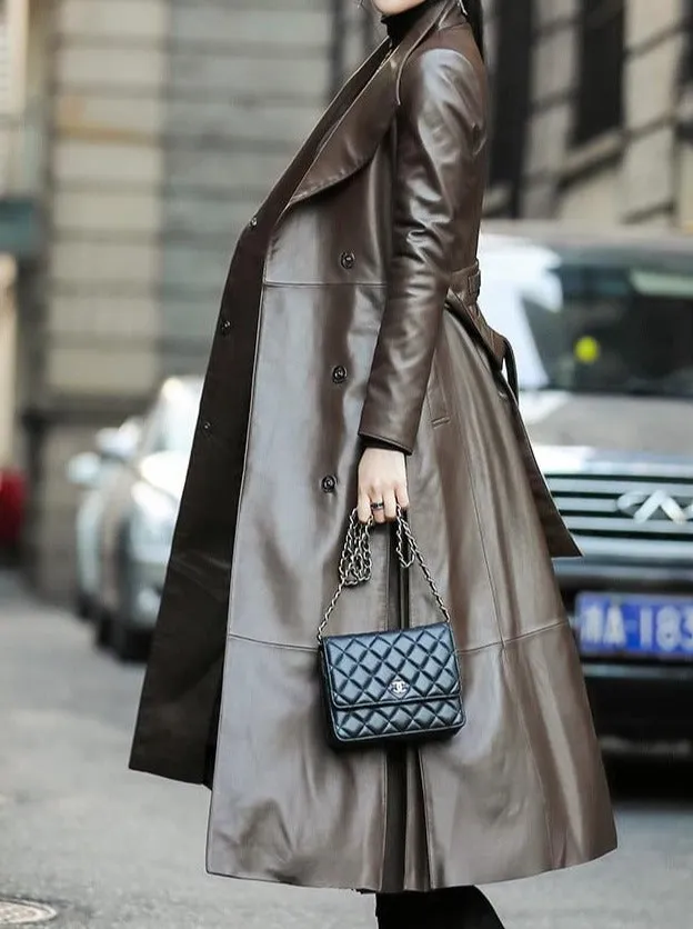 Genuine Leather Long Trench Coat