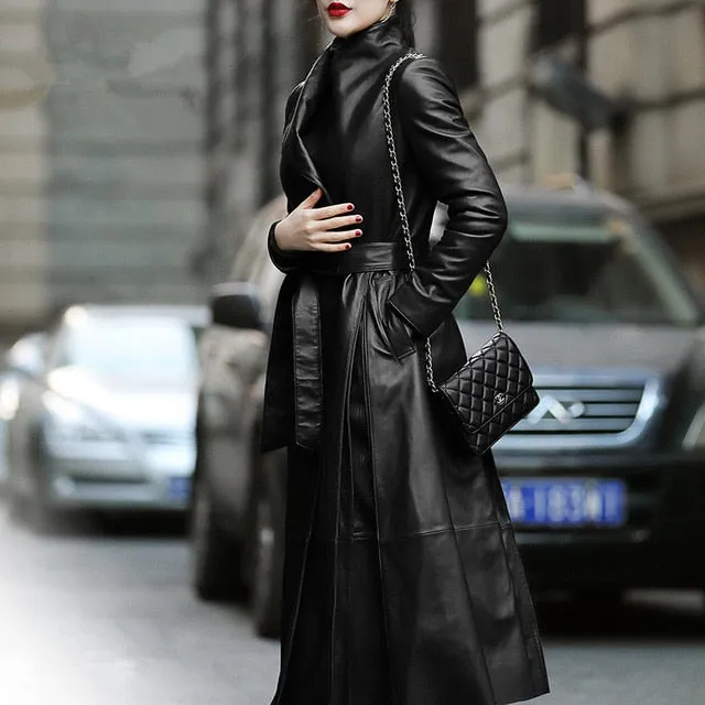 Genuine Leather Long Trench Coat