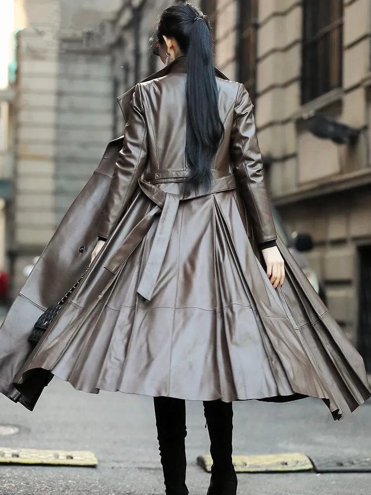 Genuine Leather Long Trench Coat