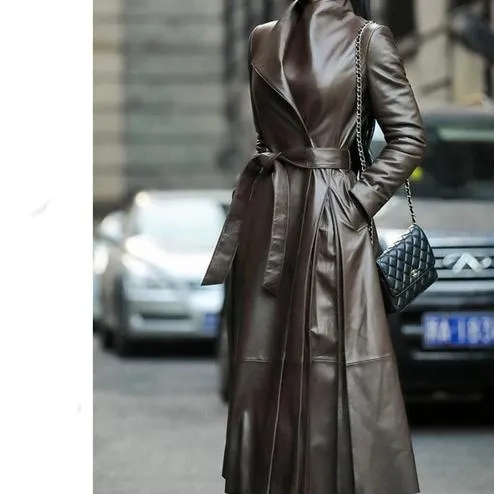 Genuine Leather Long Trench Coat