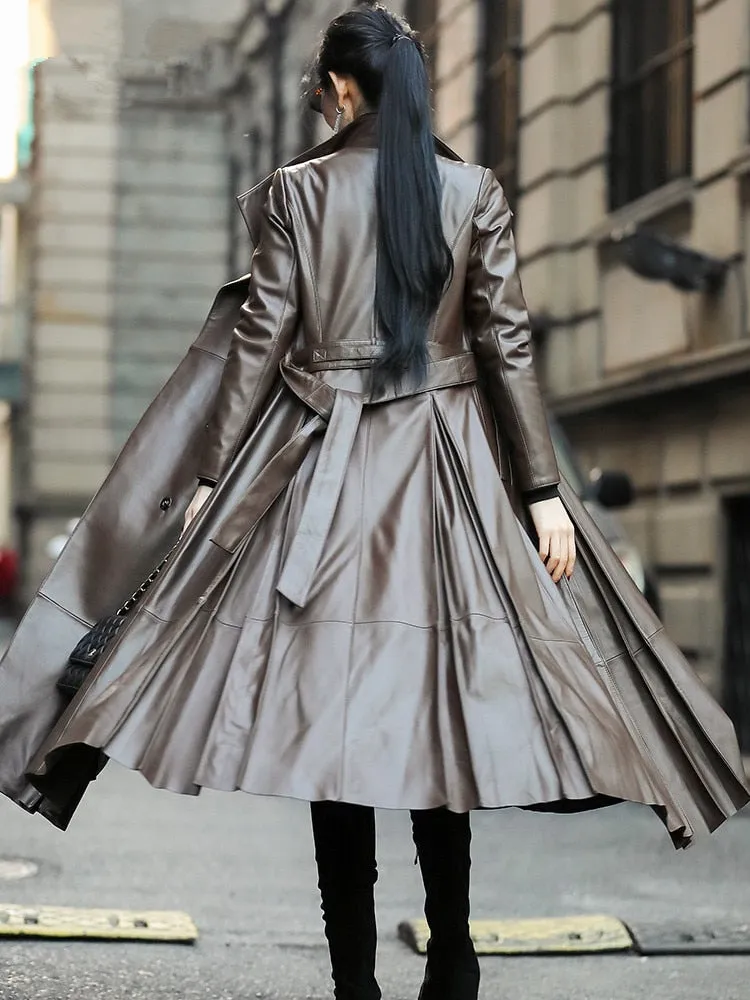 Genuine Leather Long Trench Coat